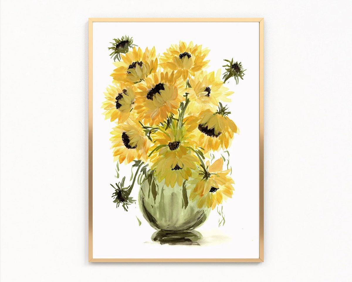 Gold-framed print of yellow sunflowers with dark centers in a pale green pedestal vase.