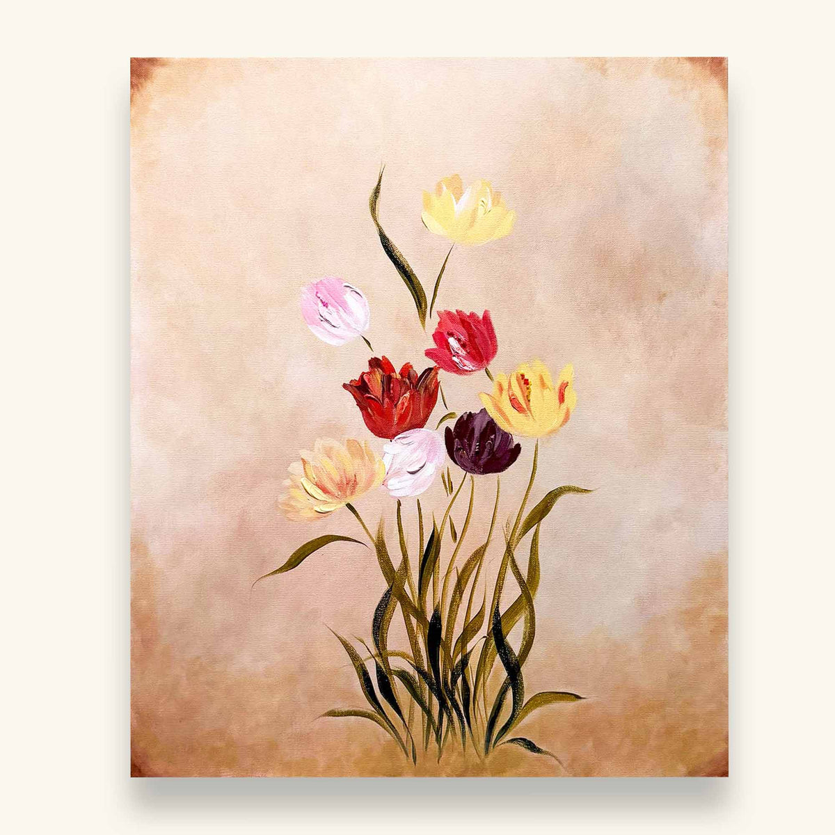 A original canvas painting featuring a bouquet of colorful tulips, including yellow, red, pink, and dark purple flowers with green stems, set against a textured beige background. 
