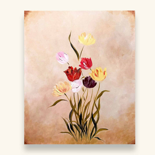 A original canvas painting featuring a bouquet of colorful tulips, including yellow, red, pink, and dark purple flowers with green stems, set against a textured beige background. 