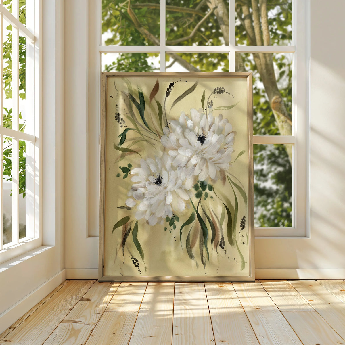 Large white dahlia print on yellow-green leaning against a sunlit window.