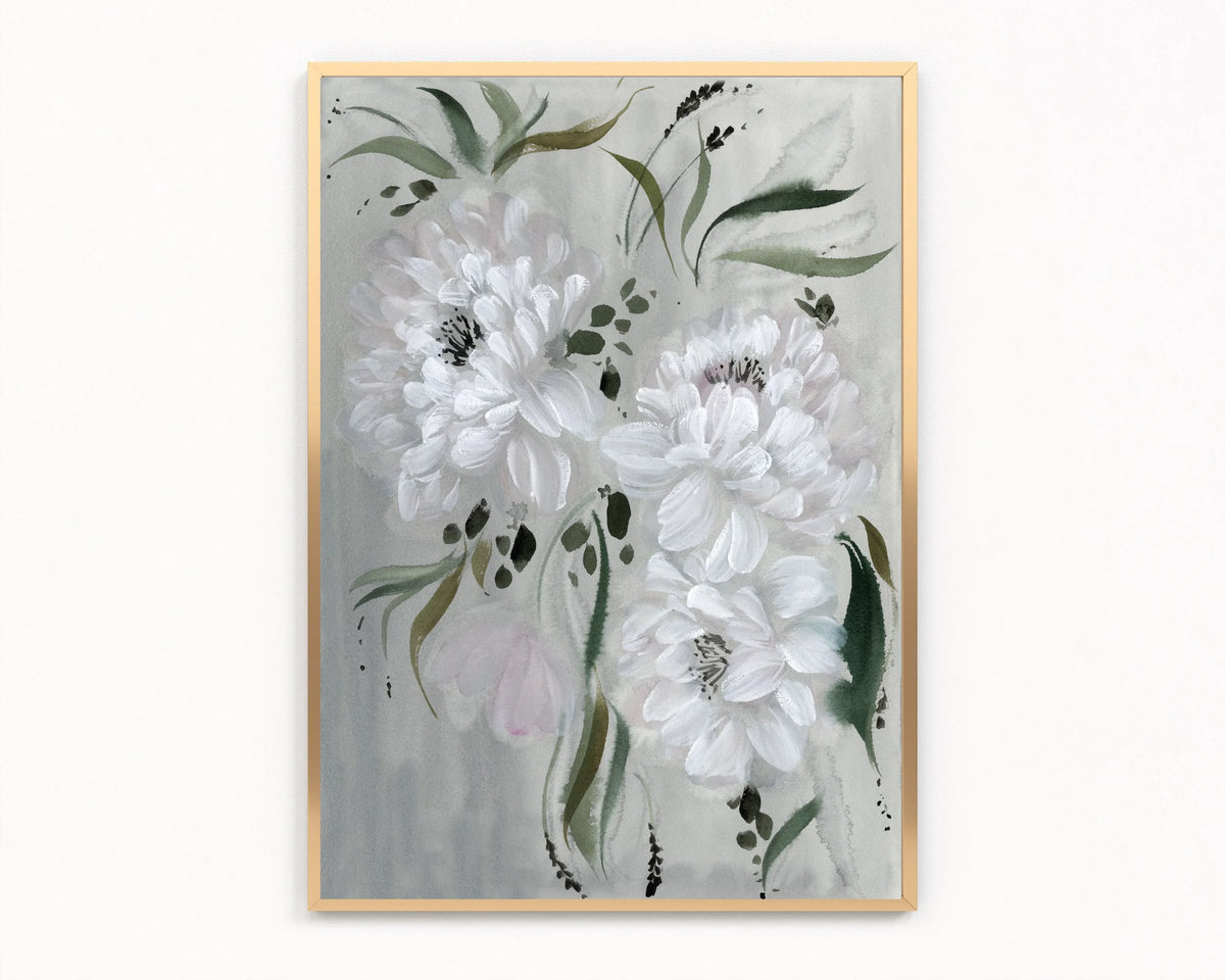 Gold-framed print of three white peonies and flowing green leaves on a pale gray background.
