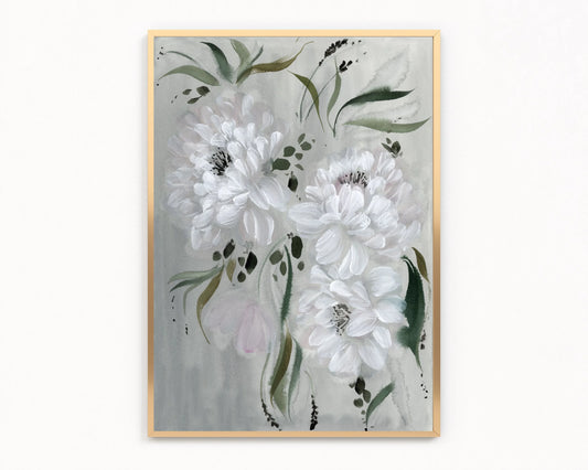 Gold-framed print of three white peonies and flowing green leaves on a pale gray background.