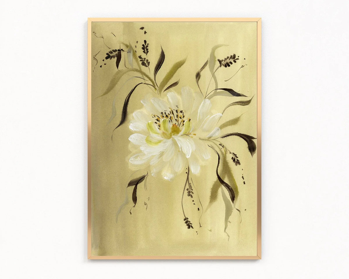 Gold-framed print of a single creamy white peony with slender olive leaves on a golden background.