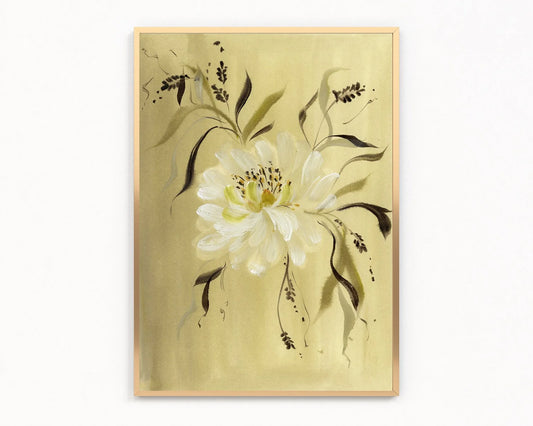 Gold-framed print of a single creamy white peony with slender olive leaves on a golden background.