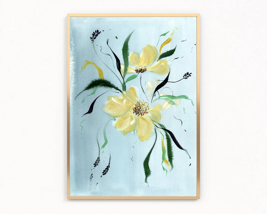 Gold-framed print of two yellow wildflowers with green leaves on pale blue.