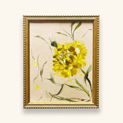 Yellow Dahlia original painting in a beaded gold frame 