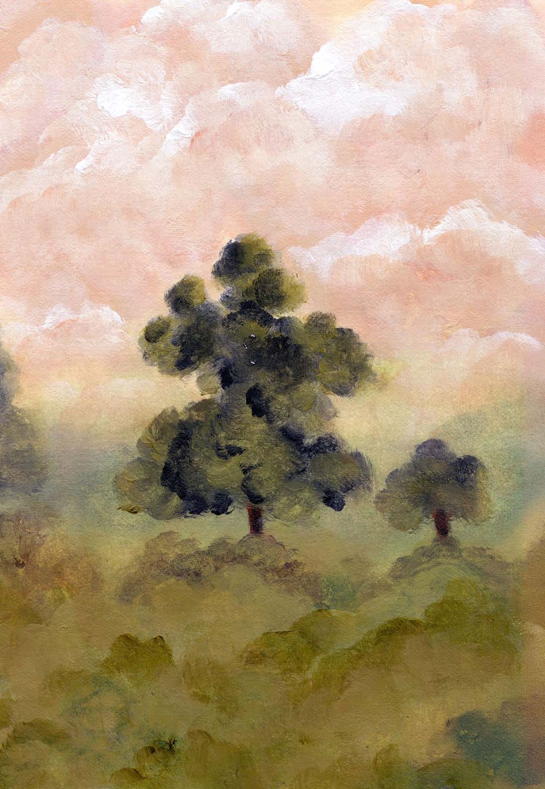 landscape painting featuring two trees in a misty field under a soft pink and cream sky. Fine art print