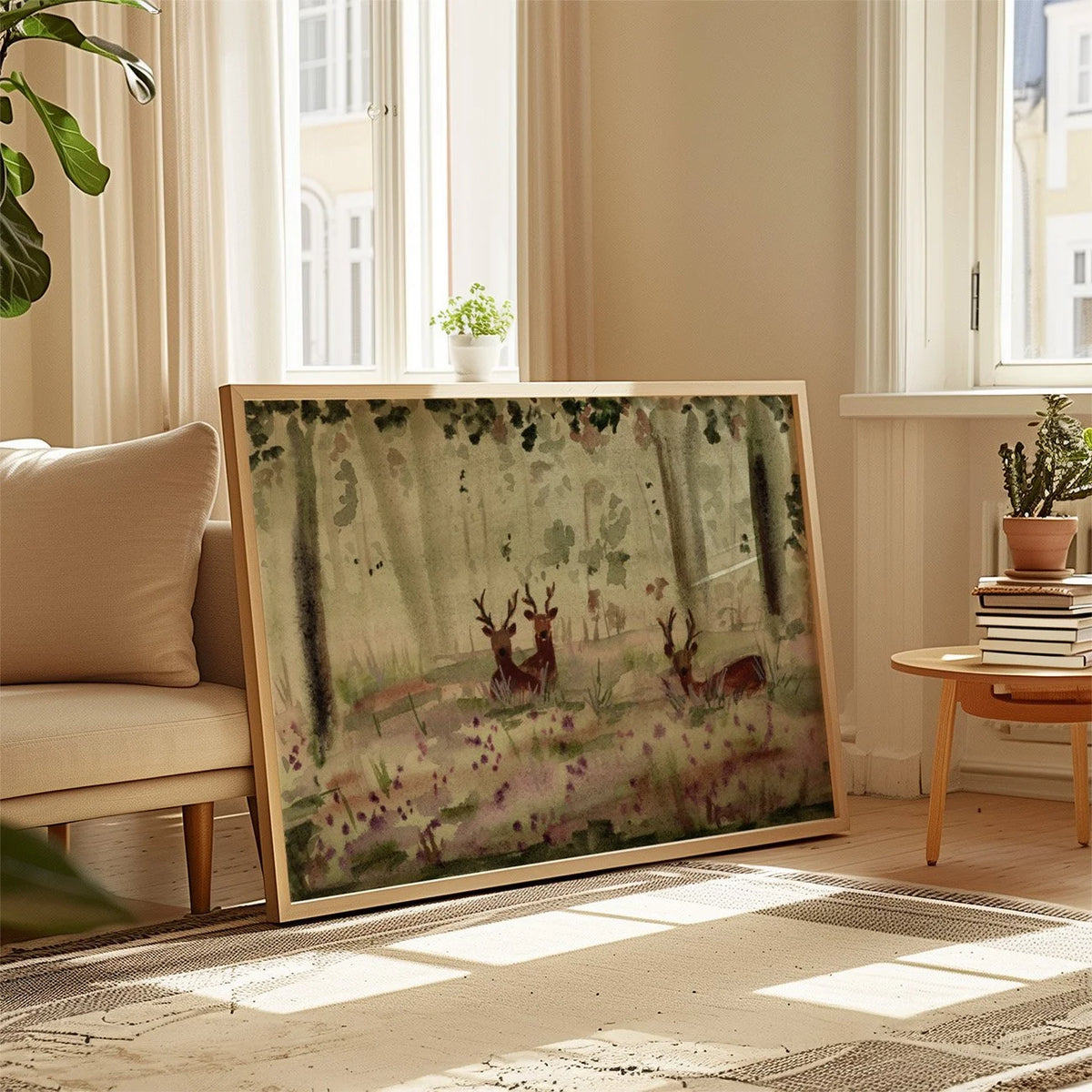 A framed art print depicting a serene forest scene with deer, leaning against a beige sofa in a bright, modern living room.