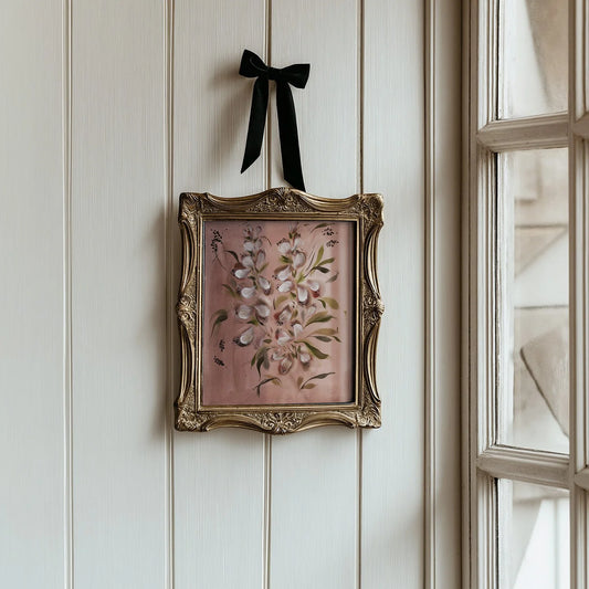 An ornate gold-framed floral painting hangs on a white paneled wall, suspended by a black ribbon bow. The painting features light pink flowers with green leaves on a dusty pink background.