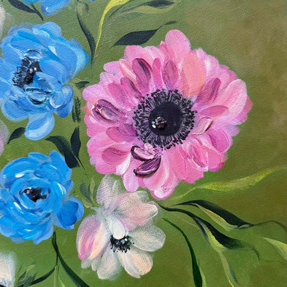 A close-up painting of anemone flowers on a green background, featuring a large pink bloom in the center with blue and pale white flowers around it.