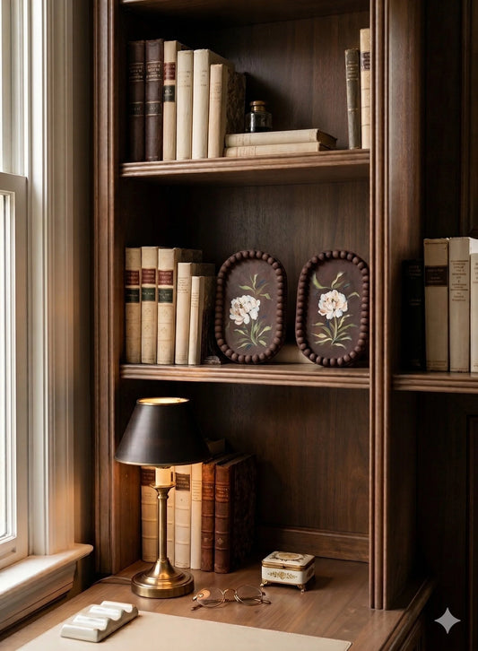 A dark wood built-in bookshelf housing a set of two vintage inspired original artwork